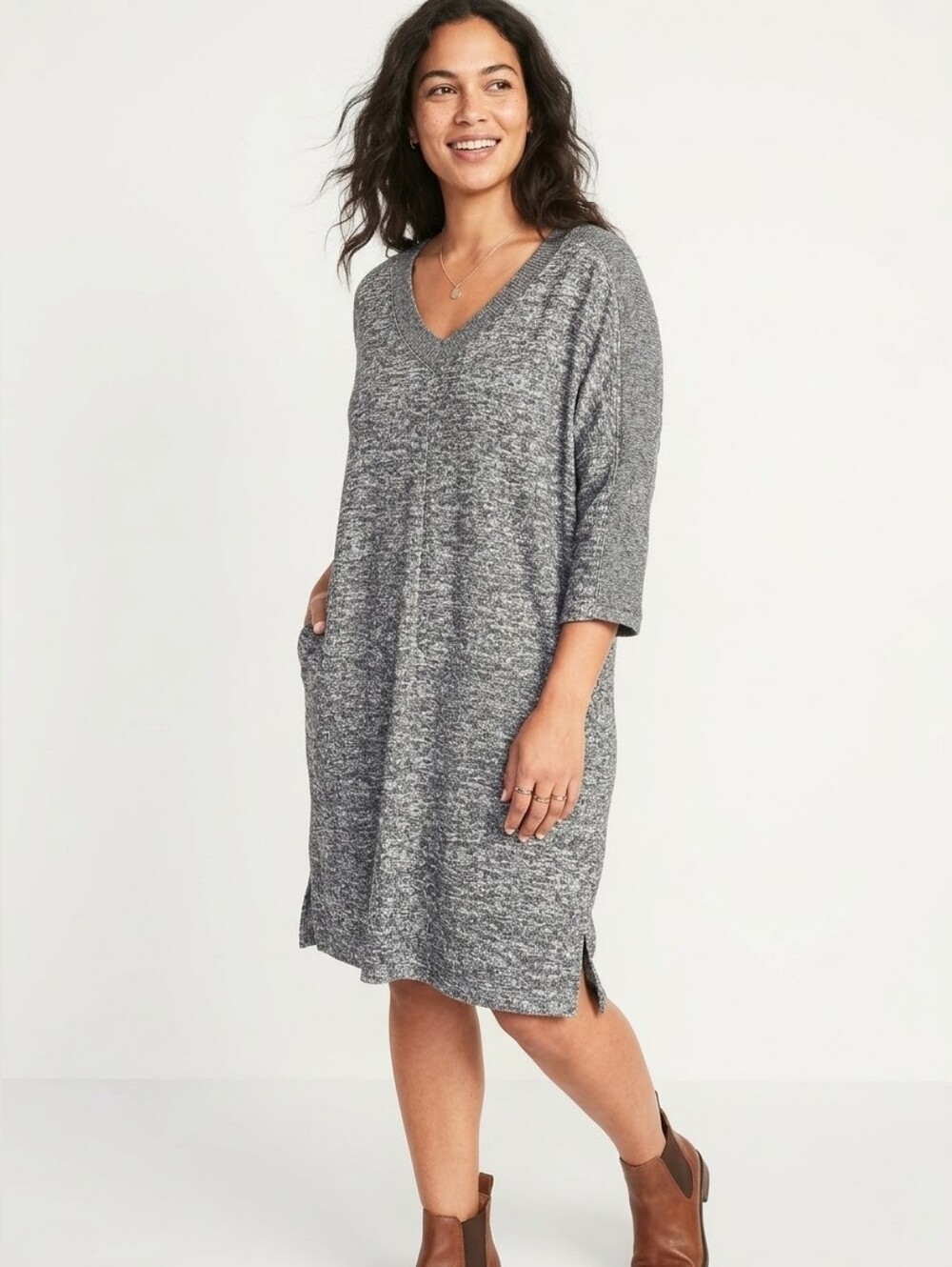 Cable & Gauge Womens V-Neck 3/4 Sleeve Heathered Grey Dress Effortless Cabincore